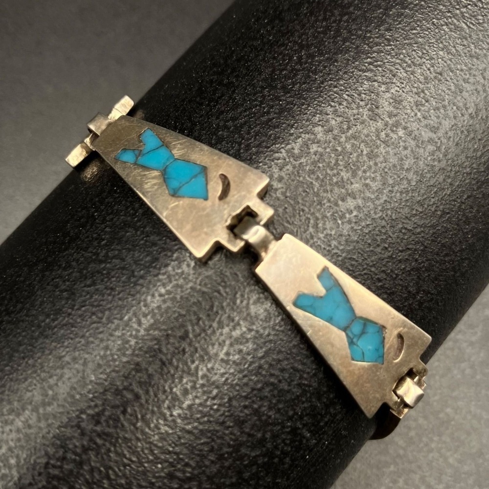 Vintage Taxco Sterling Silver Bracelet Turquoise Inlay IR Eagle 3 Mexico 6.75 in